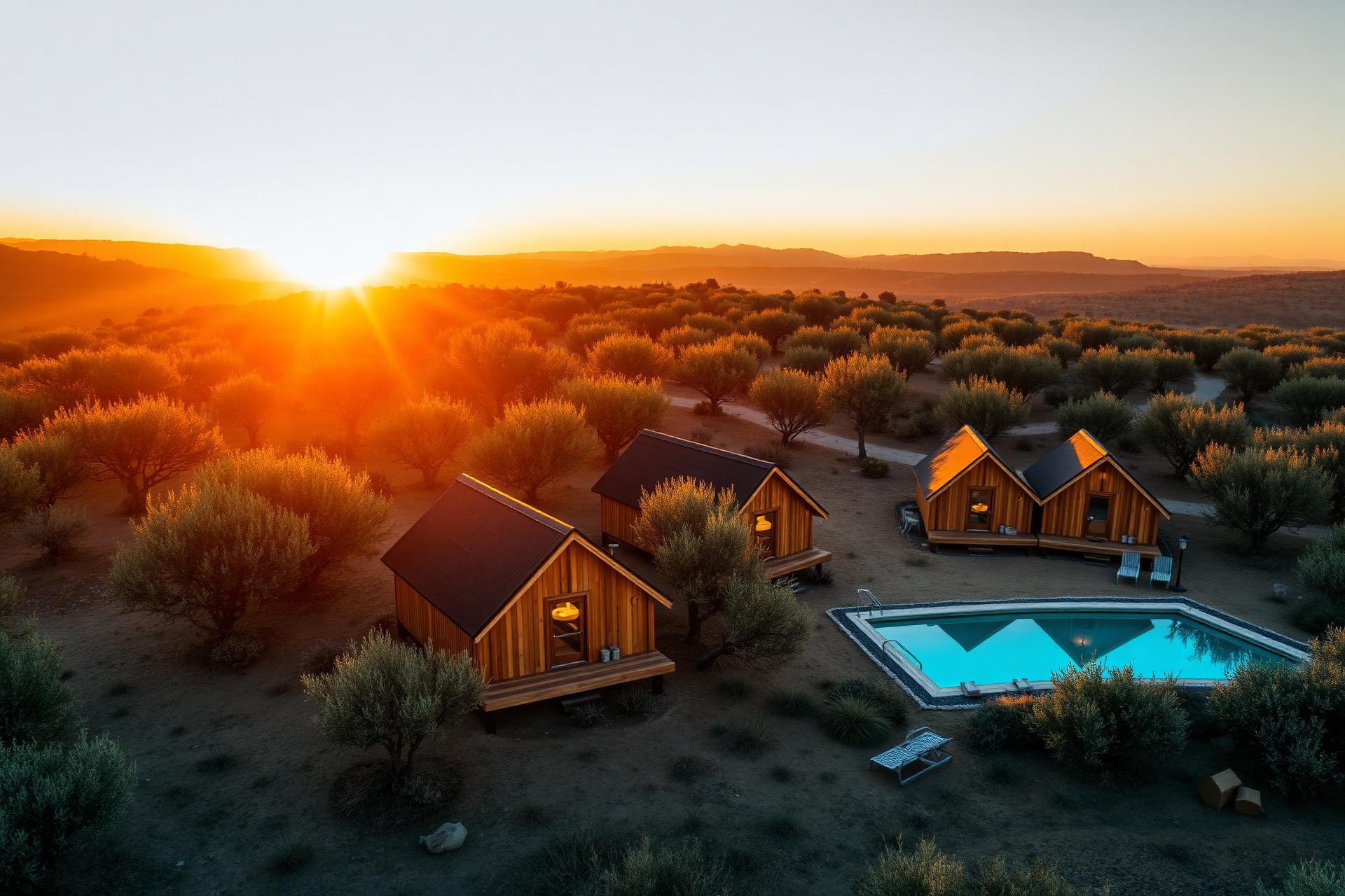 Vista aérea de eco-vila portuguesa com chalés A-frame ao pôr do sol
